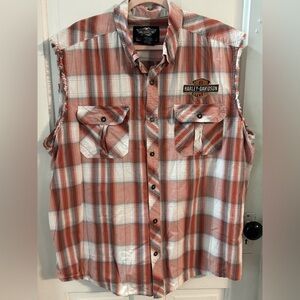 Harley-Davidson burnt orange and White Plaid rough edge sleeveless shirt.